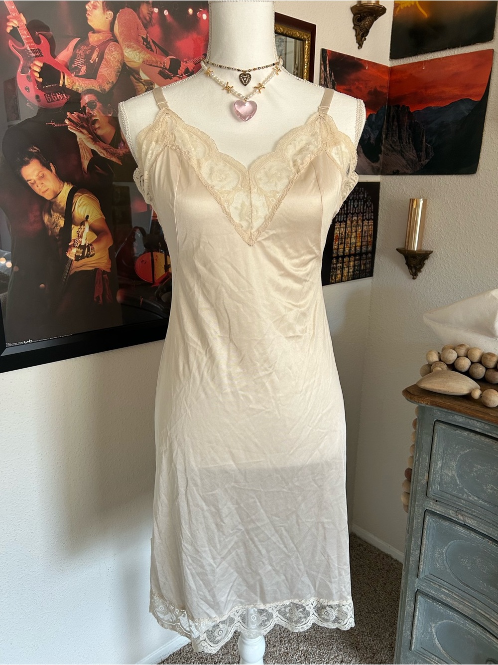 Vintage Satin Slip Dress M Lace Trim Champagne Slinky Fairy Dainty Feminine Y2K